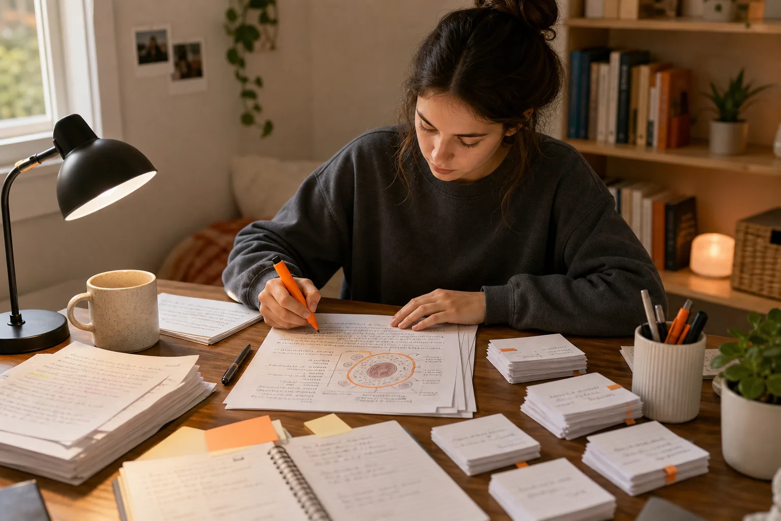 Student breaking lecture notes into focused flashcard topics.