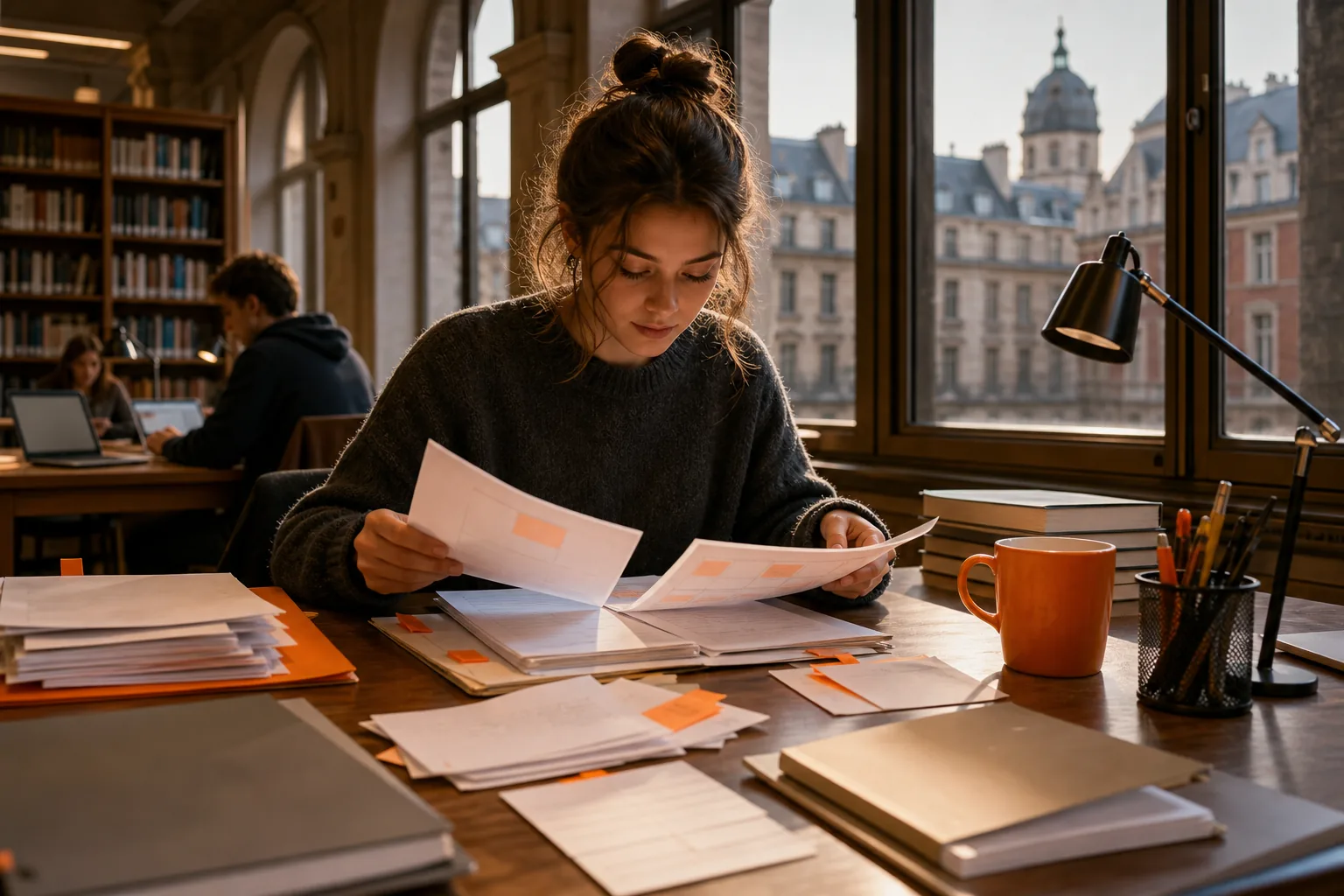 University student organizing course material before studying flashcards.