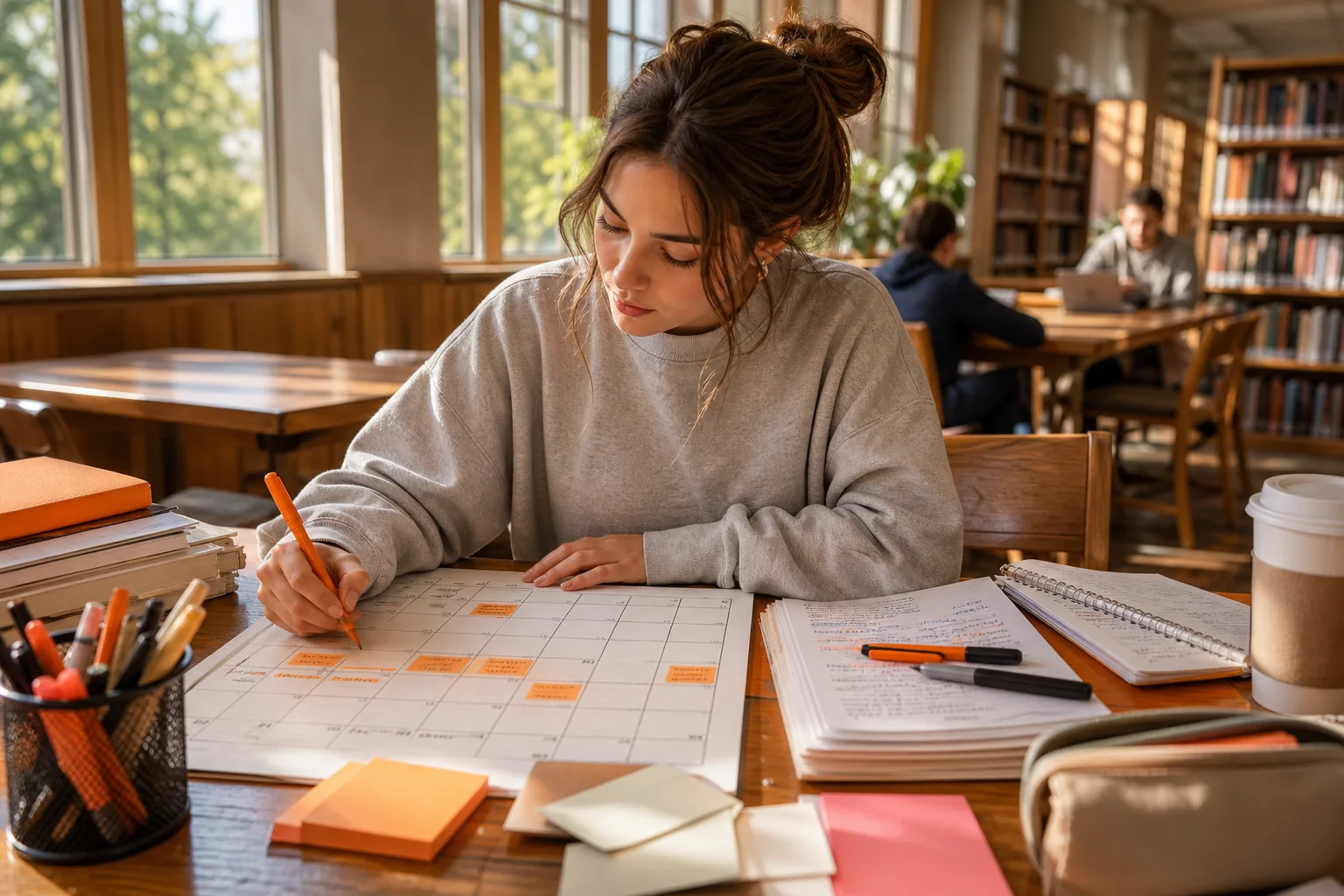 Student planning a final exam study schedule with course notes in a US campus library.