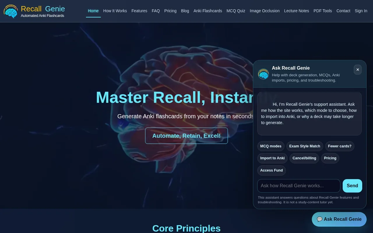 Screenshot of the Recall Genie website