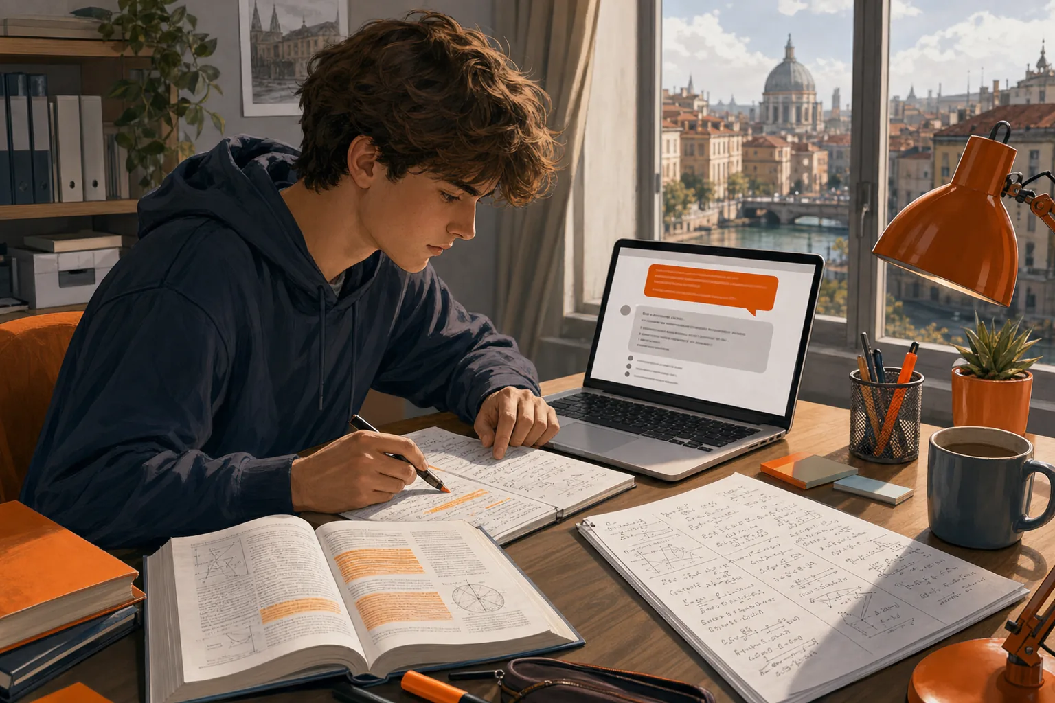 student checking AI-generated study questions against course notes for accuracy.