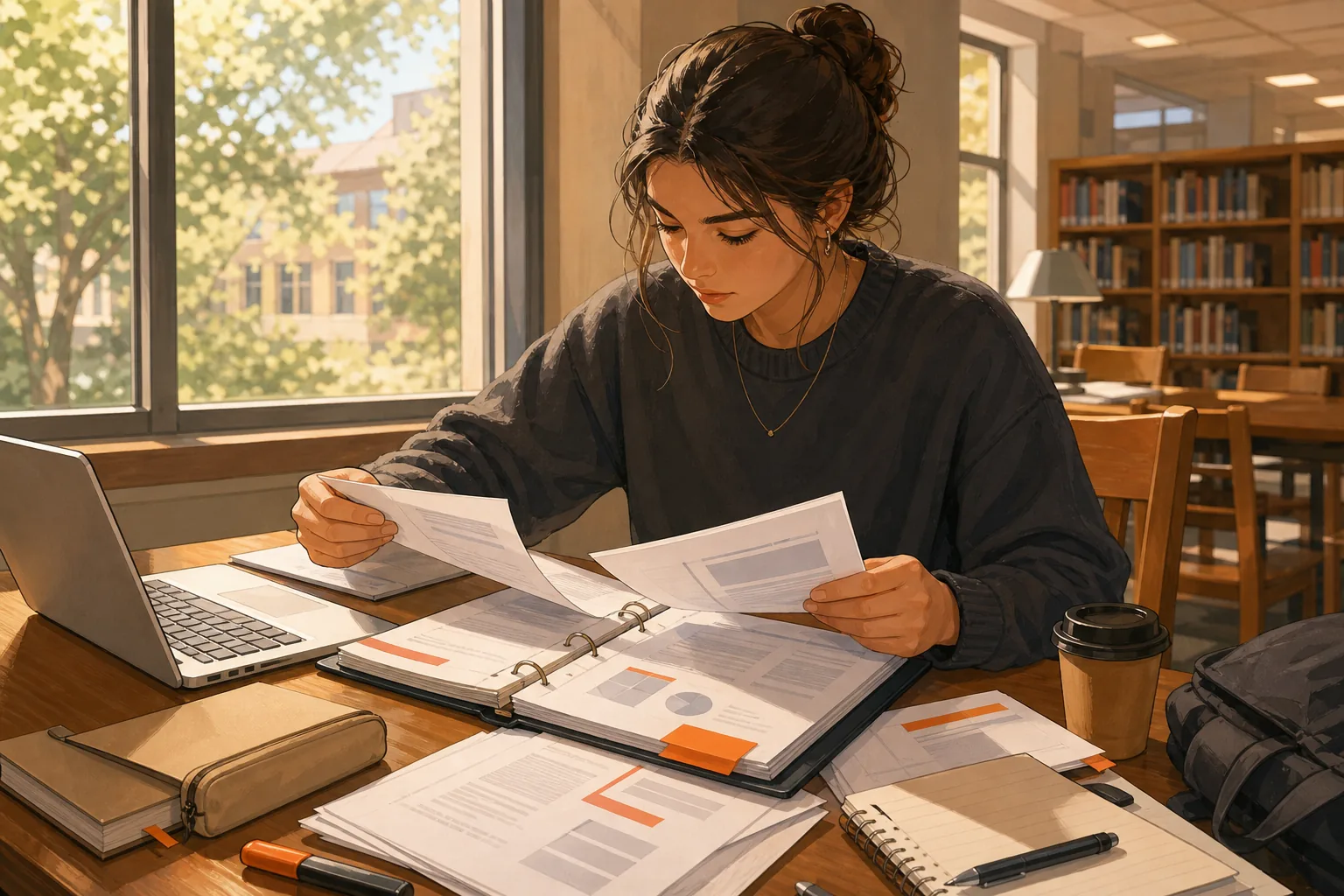 University student matching a study guide with lecture slides and course notes.