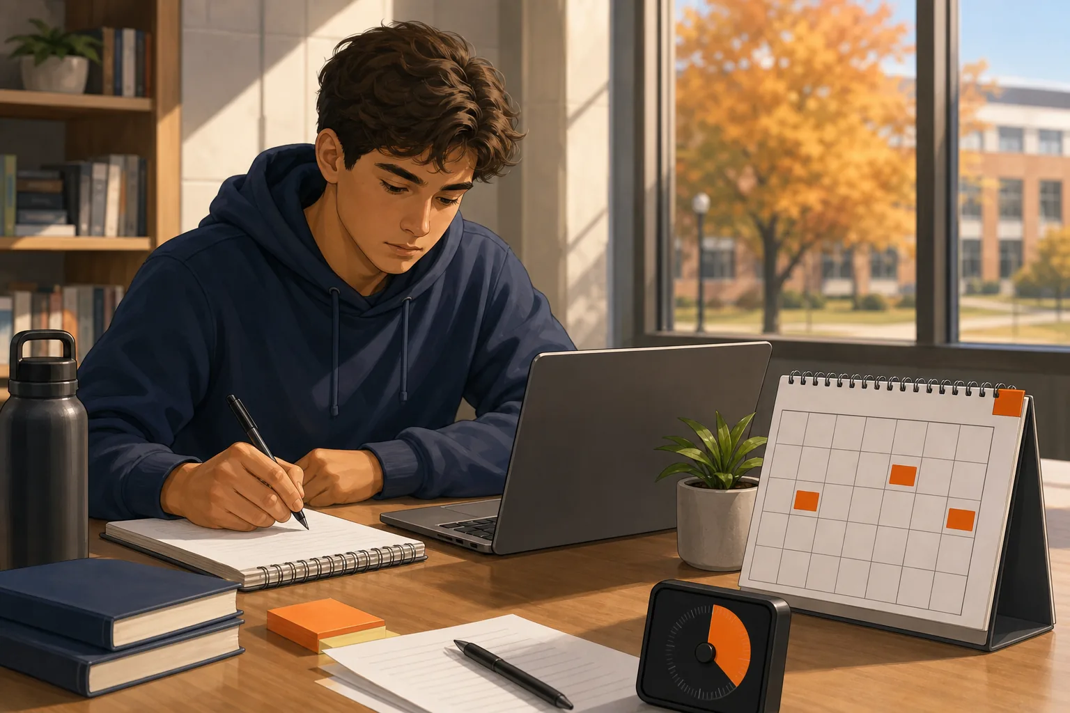 Student planning spaced study sessions and practicing under exam conditions.