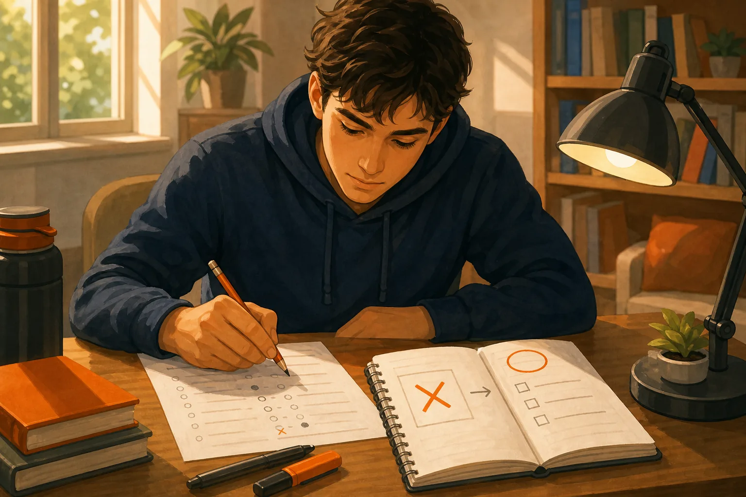 Student reviewing missed multiple-choice questions and planning what to study next.