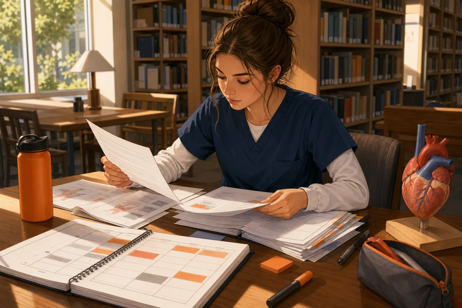 Nursing student organizing course materials and a study schedule for an exam.