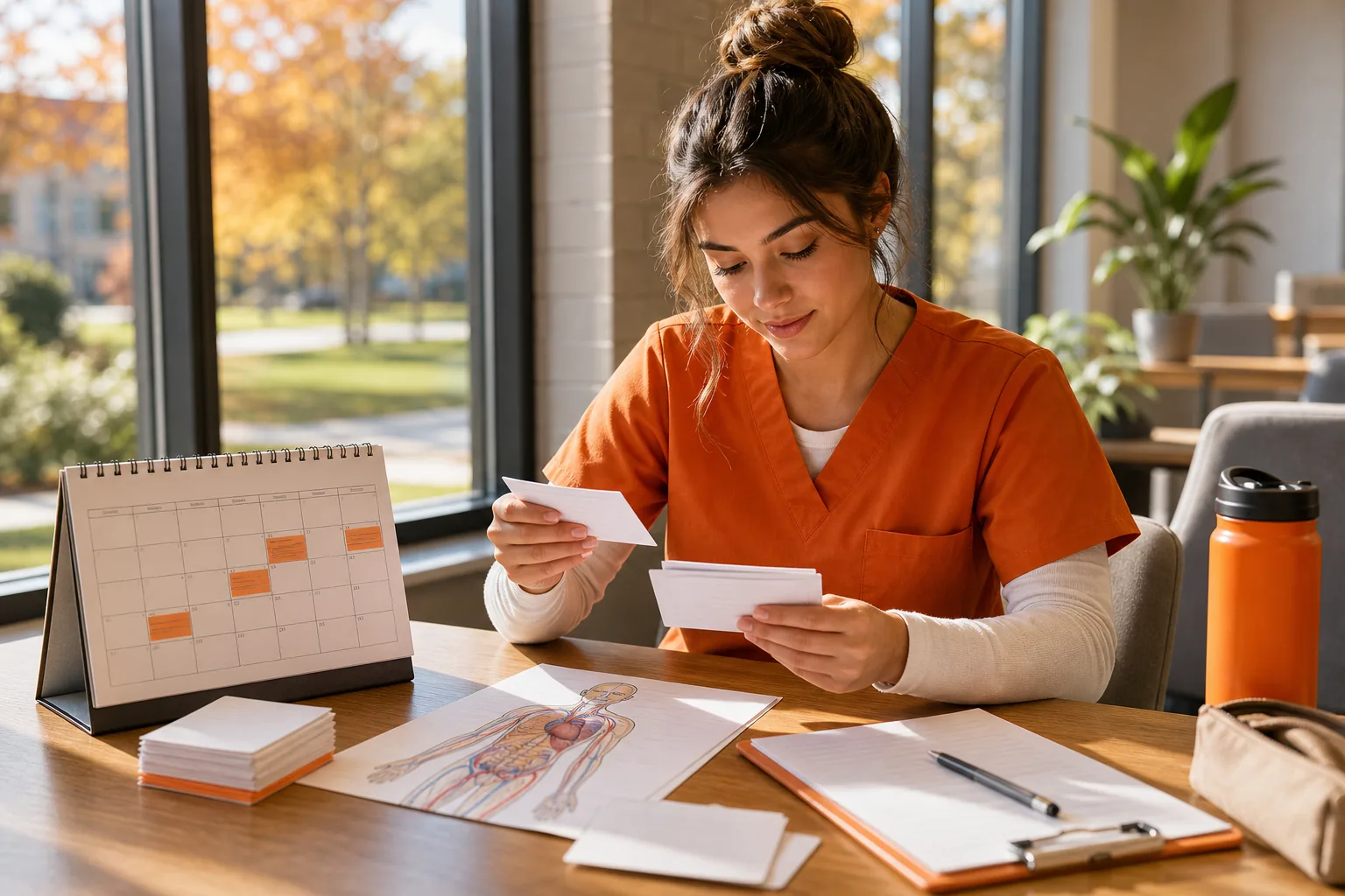 Nursing student using spaced flashcard review to connect exam topics.