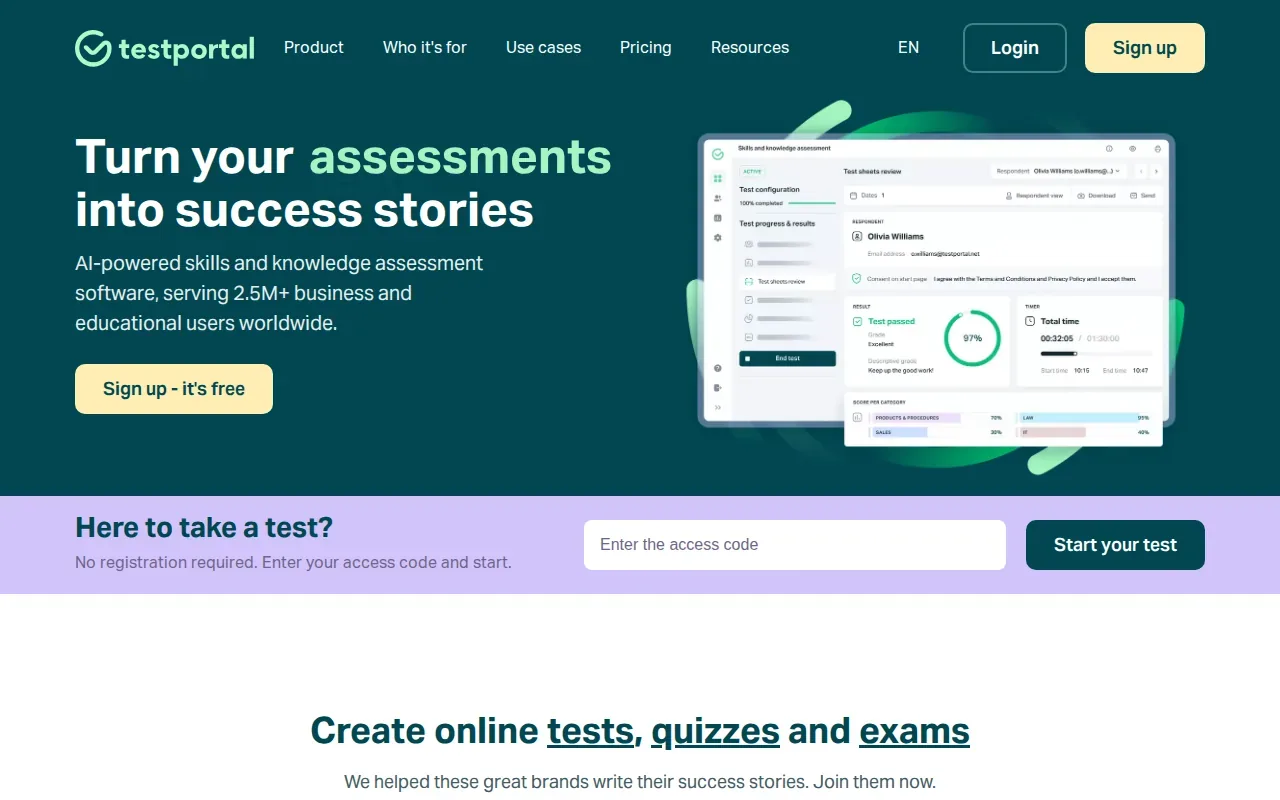 Screenshot of the TestPortal website