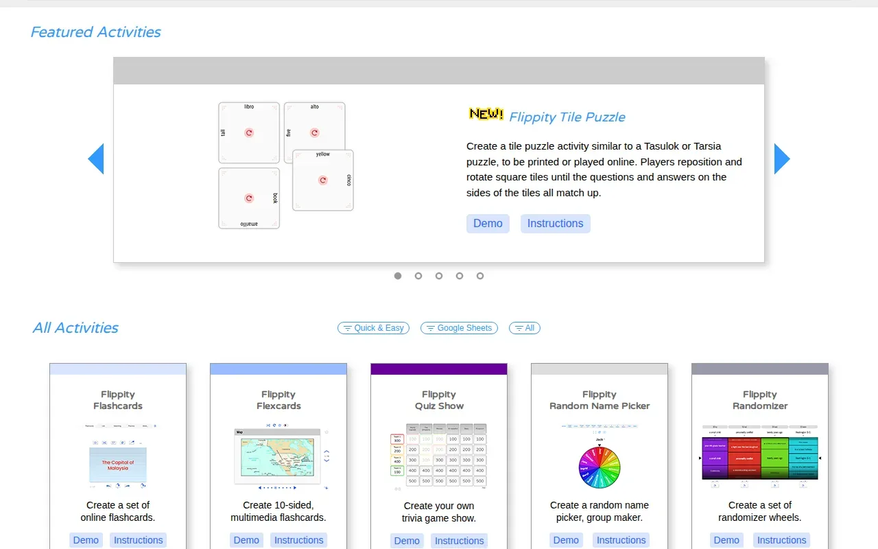 Screenshot of the Flippity website