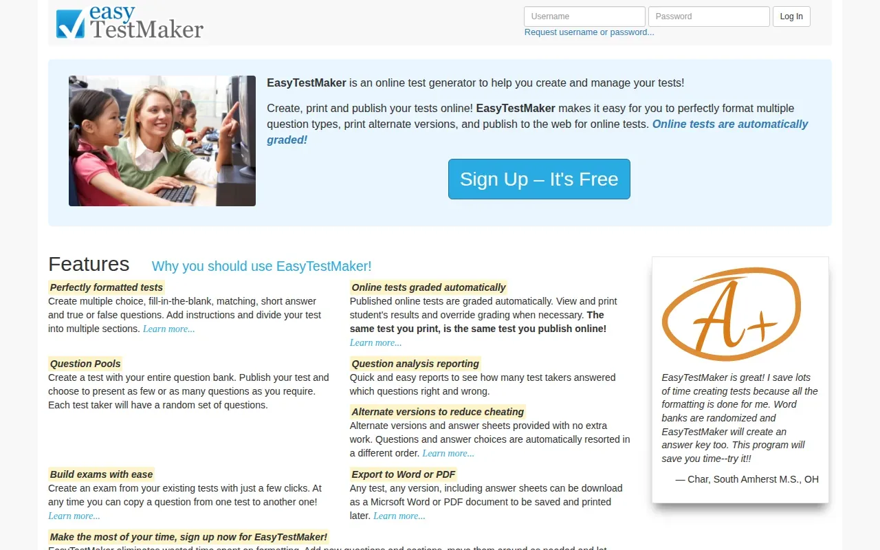 Screenshot of the EasyTestMaker website