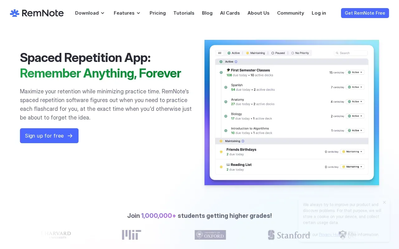 Screenshot of the RemNote website