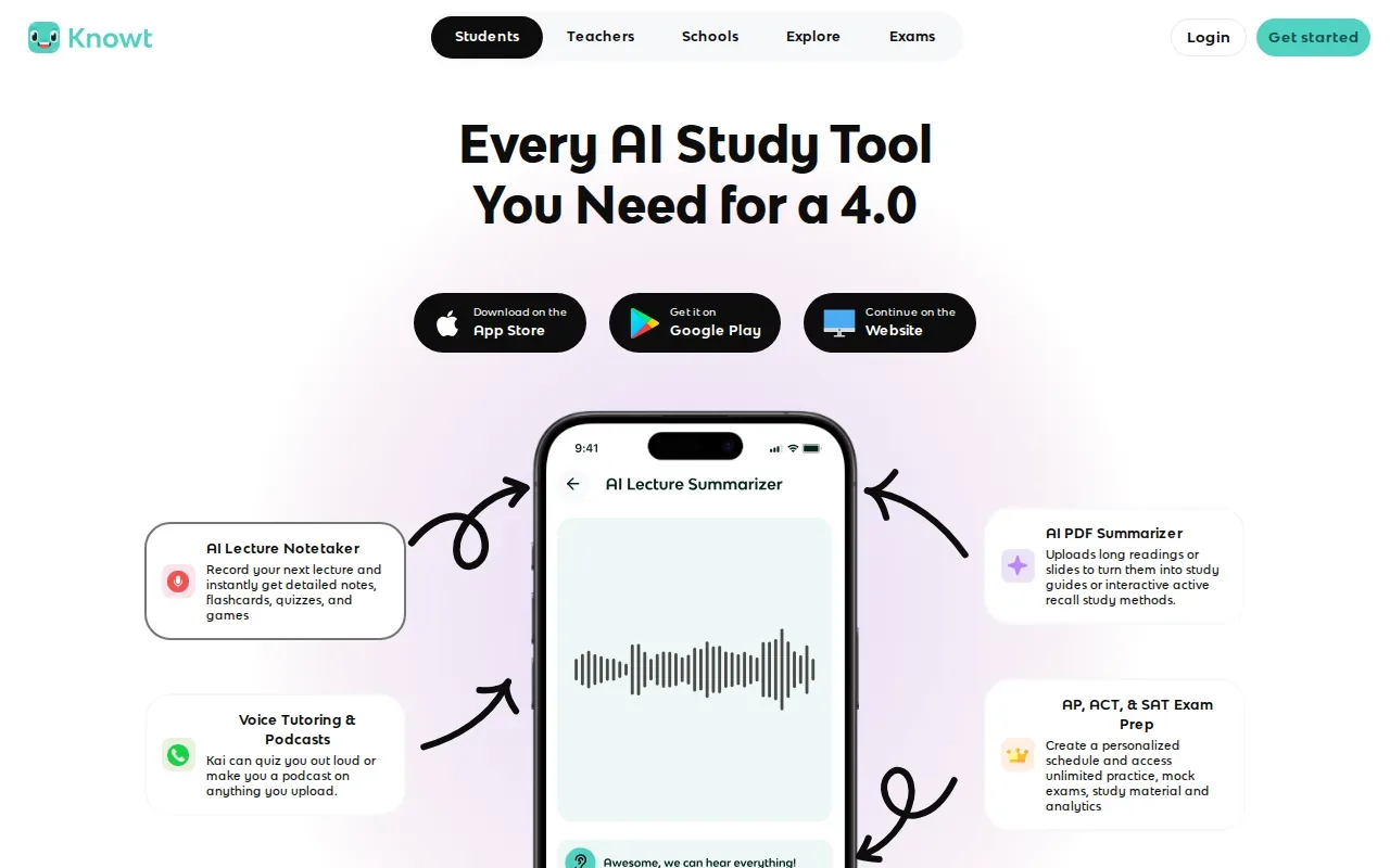 Screenshot of the Knowt website