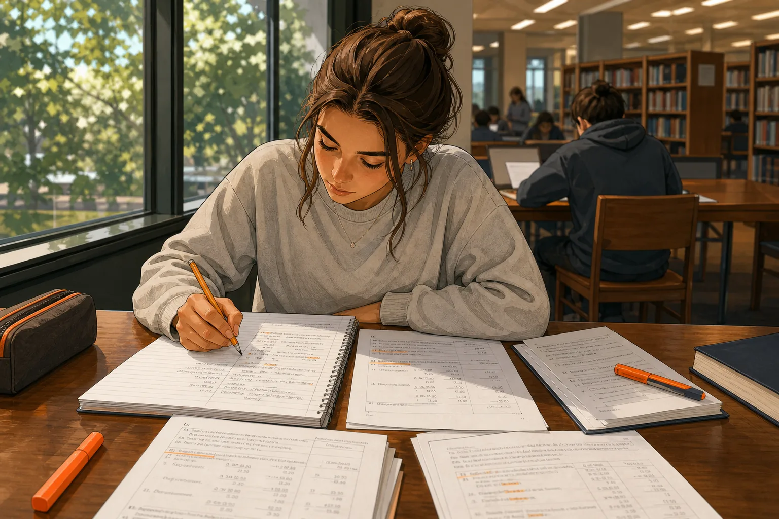 A student interleaves accounting topics by identifying the method before solving each question.