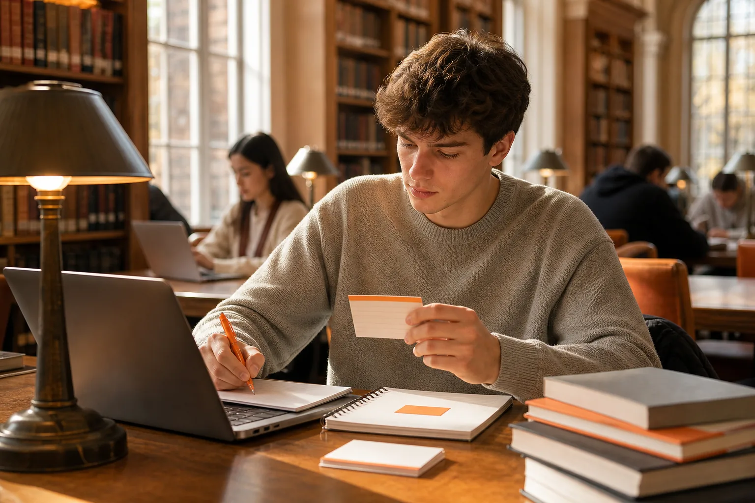 Student reviewing and correcting flashcards from course notes.