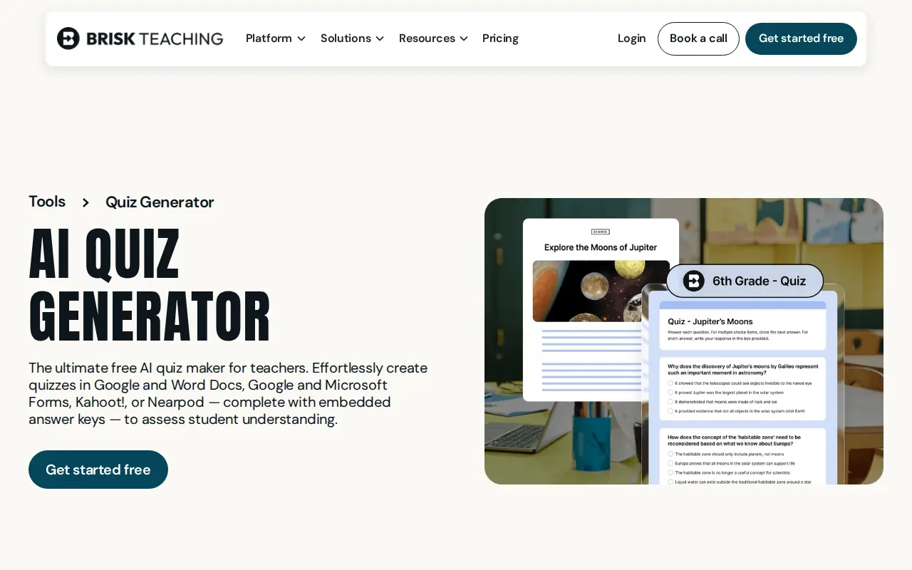 Screenshot of the Quiz Generator by Brisk Teaching website