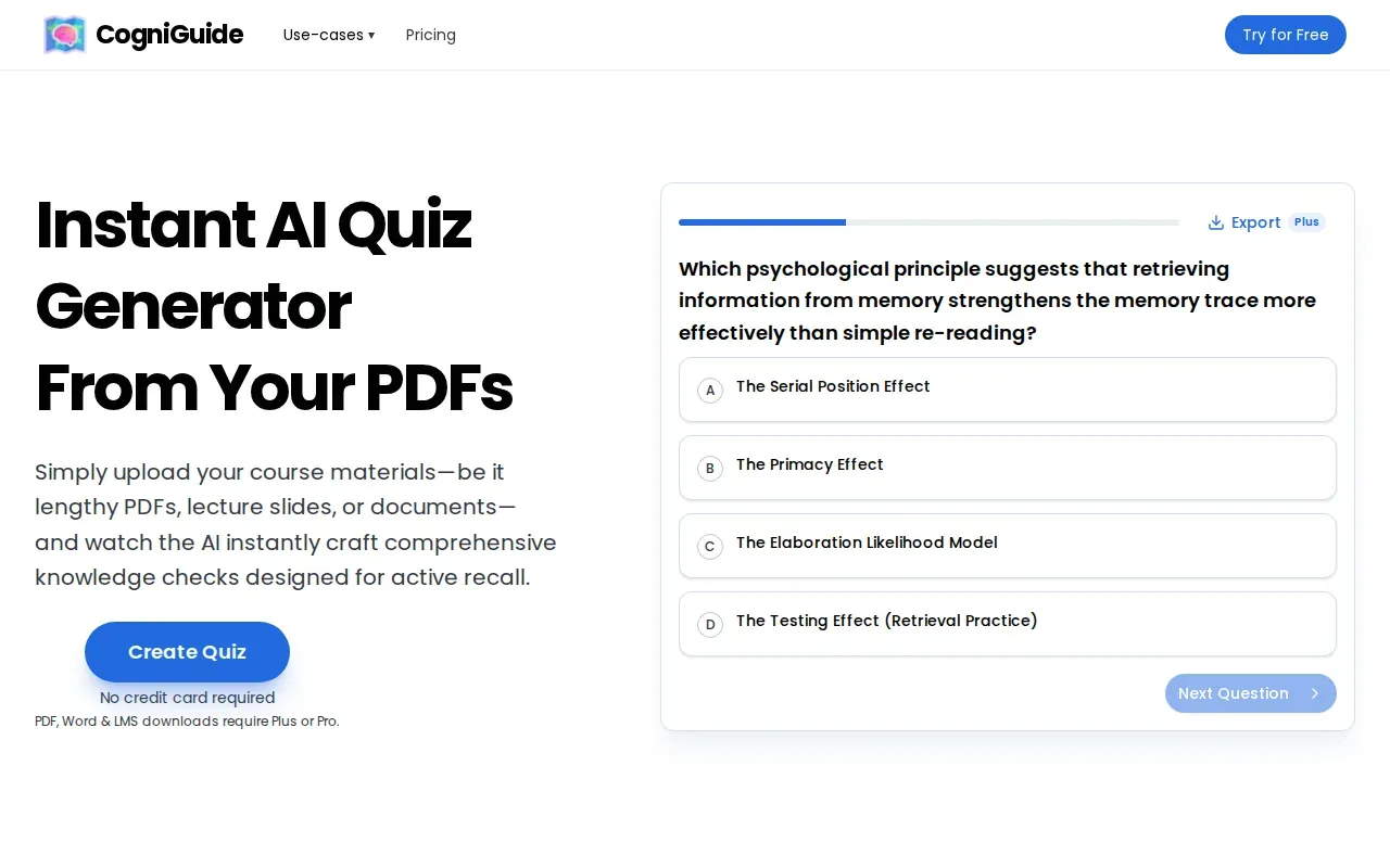 Screenshot of the Instant AI Quiz Generator From PDF by Cogniguide website