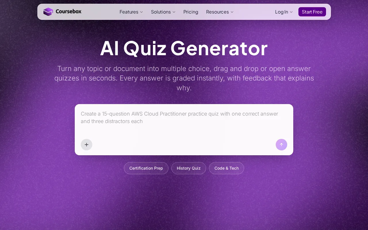 Screenshot of the AI Quiz Generator by Coursebox website