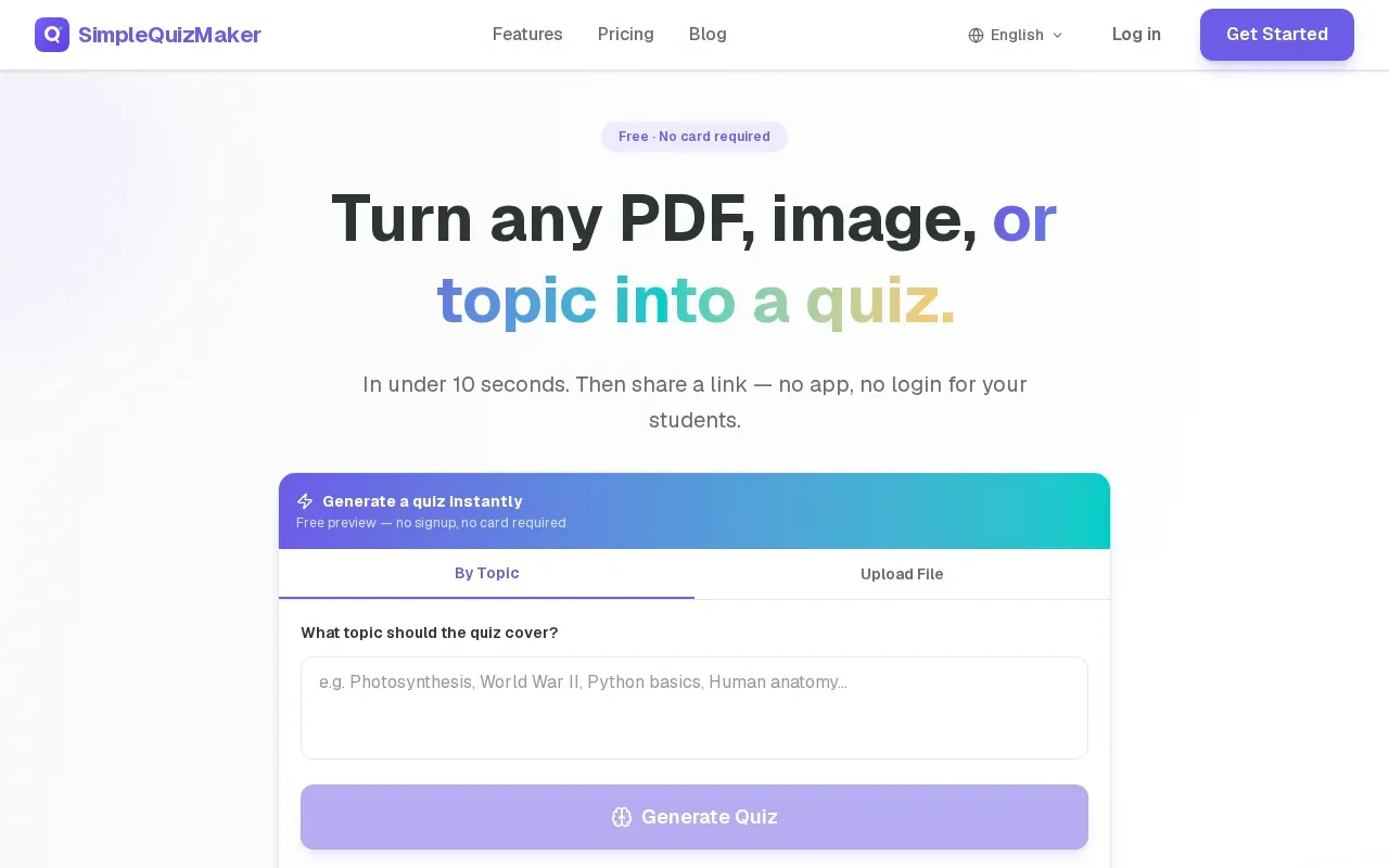 Screenshot of the SimpleQuizMaker website