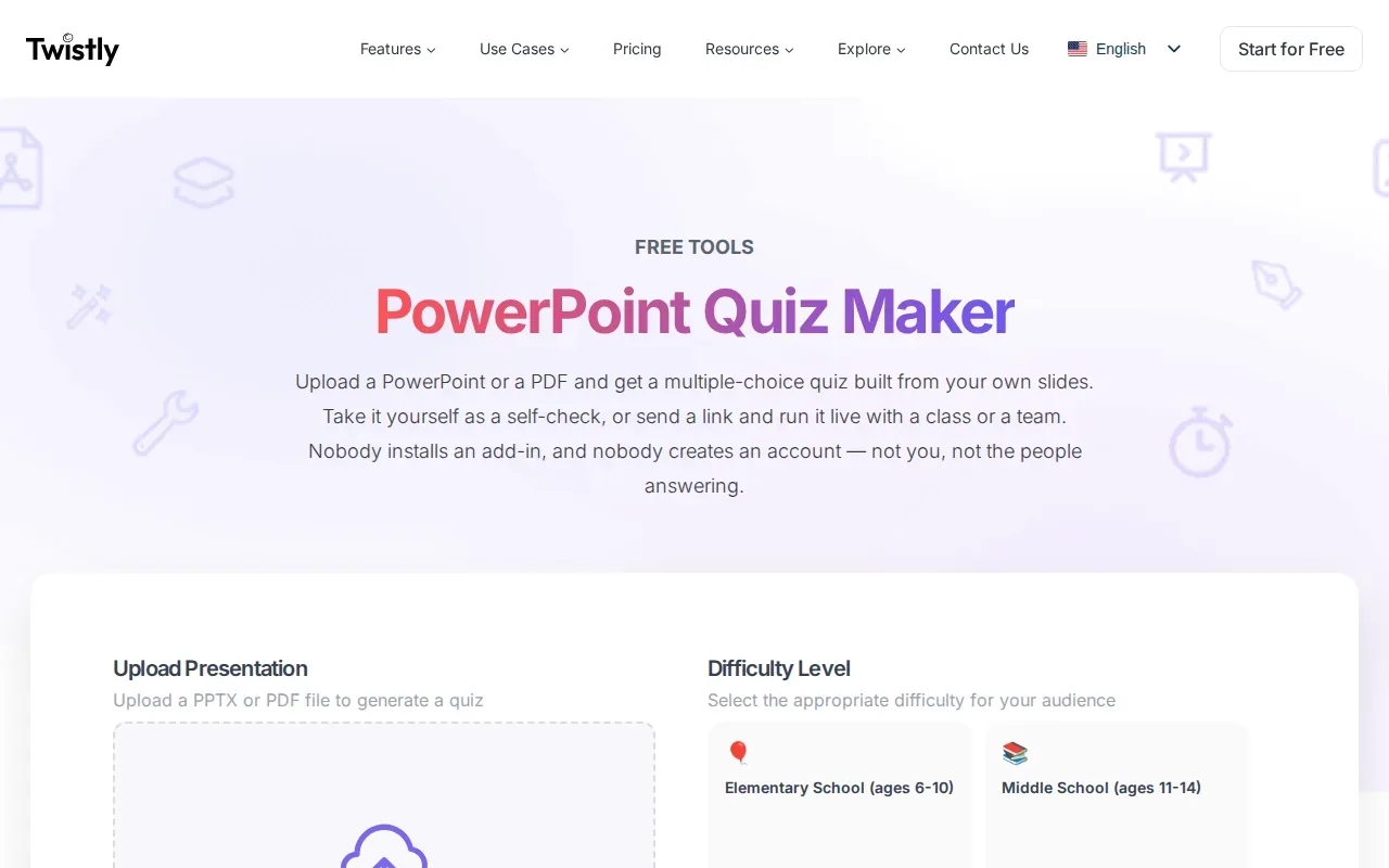 Screenshot of the PowerPoint Quiz Maker by Twistly website