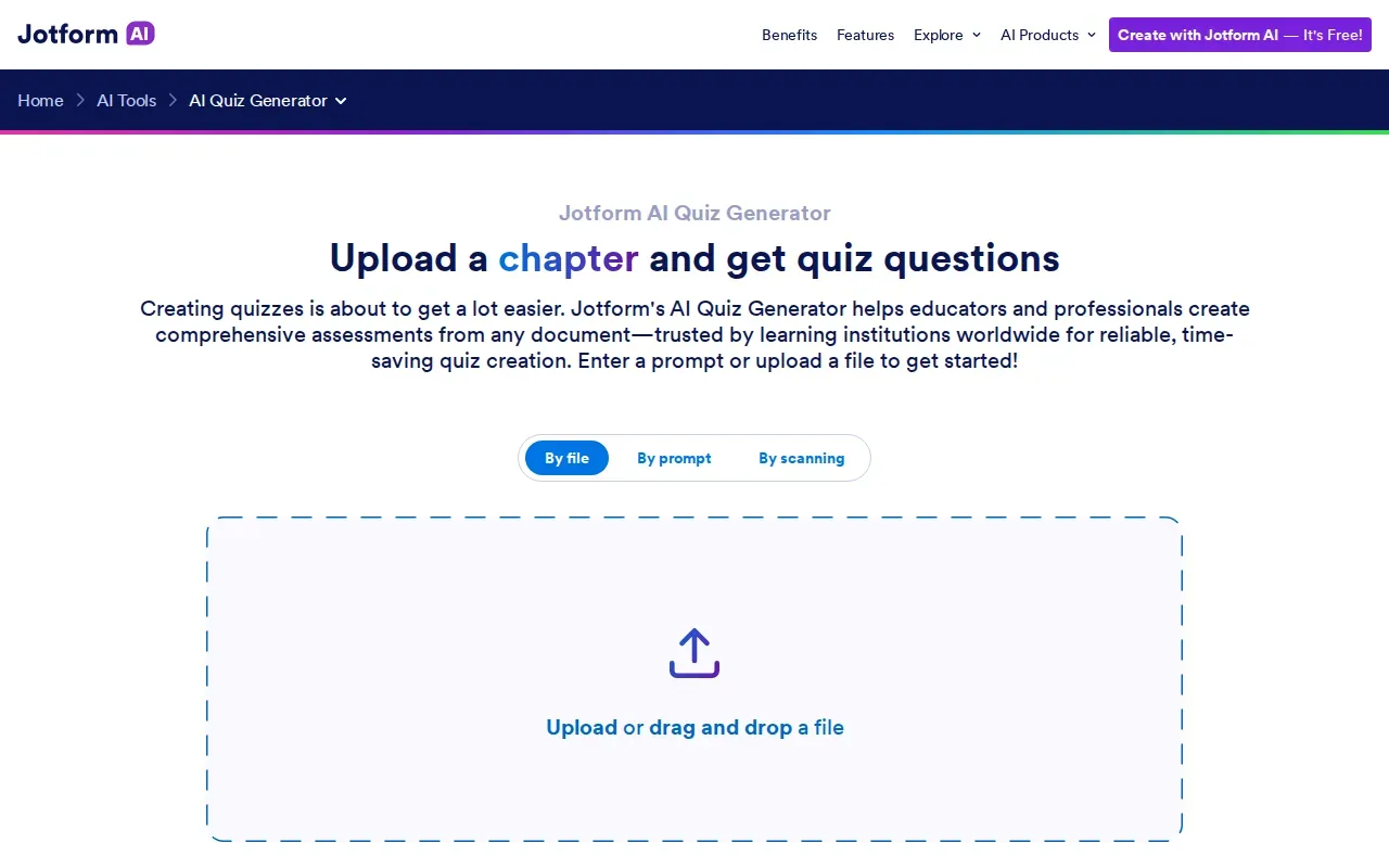Screenshot of the Jotform AI Quiz Generator website