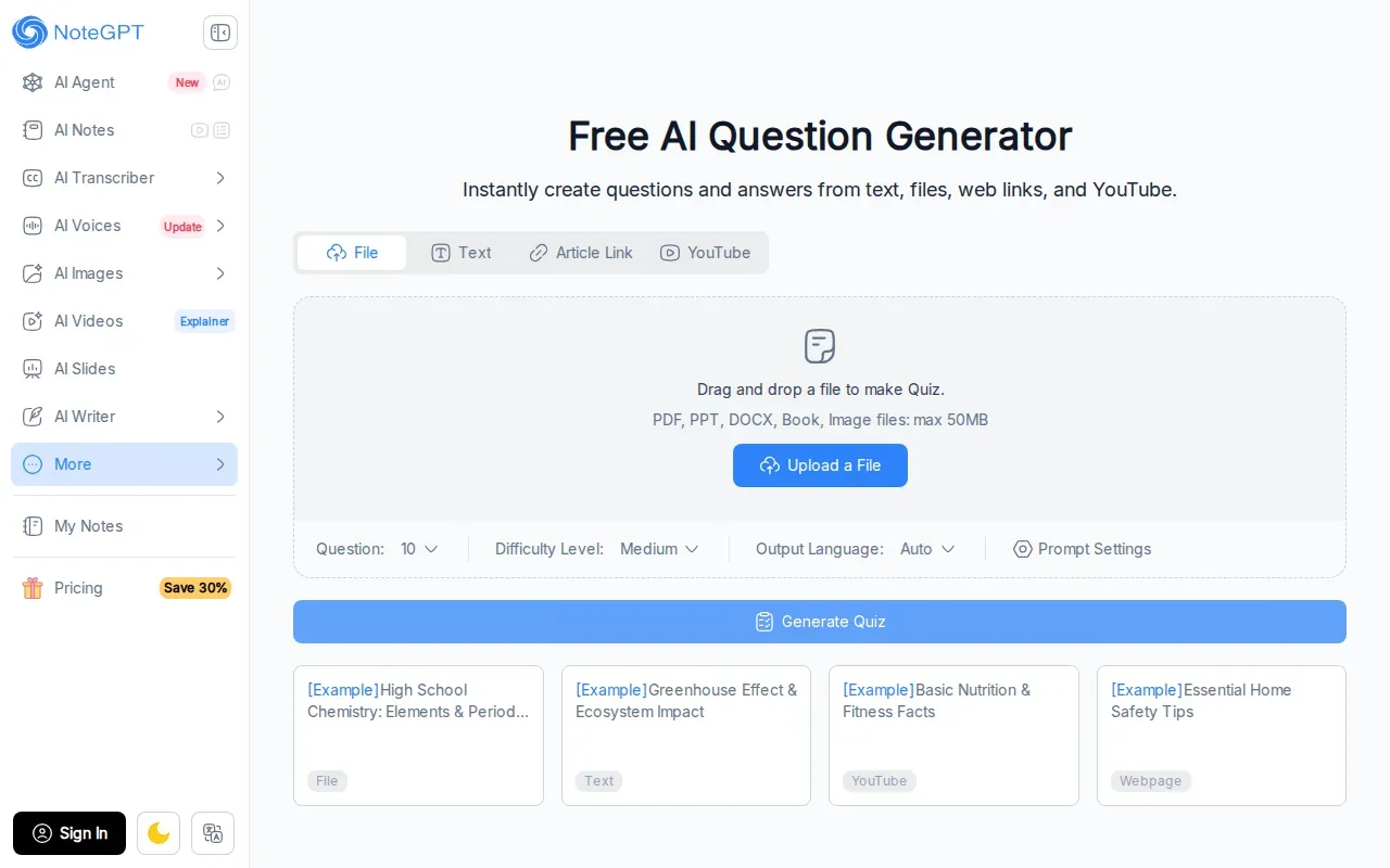 Screenshot of the AI Question Generator by NoteGPT website