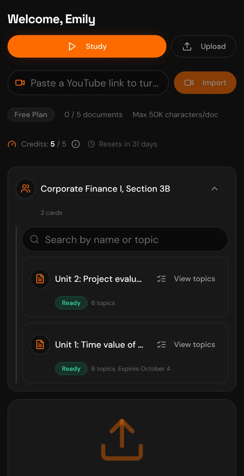 A student's dashboard on their phone: their group, with their professor's two cards